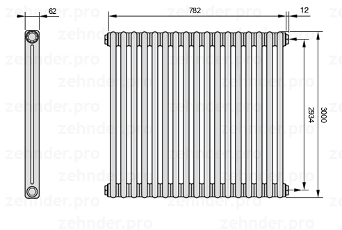 Схема (чертеж) Радиатор Zehnder Charleston 2300/17 №7610 Белый глянцевый RAL 9016